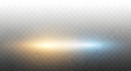 A horizontal streak of bright golden light with a blue lens flare effect against a transparent, subtly textured background.の素材