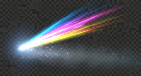 A bright white light source trails colorful streaks of blue pink yellow and orange across a dark checkered background.の素材