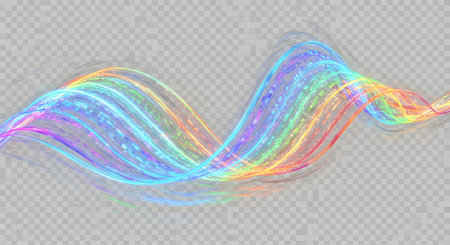 A vibrant, wavy ribbon of rainbow light streaks across a transparent background, shimmering with tiny, sparkling particles.の素材