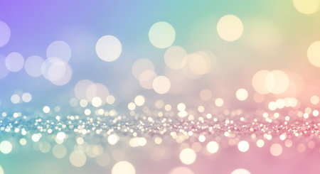 A dreamy, soft focus background with shimmering glitter and glowing bokeh lights in pastel rainbow colors.の素材