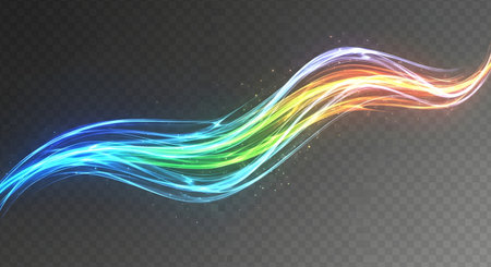 A vibrant, wavy trail of rainbow-colored light streaks with glowing particles against a dark, transparent background.の素材