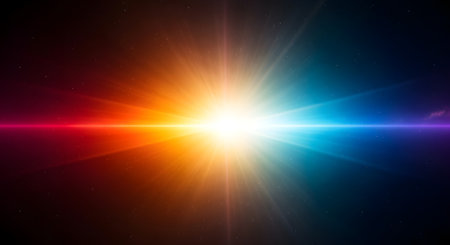 A brilliant white light explodes outwards, radiating a spectrum of colors from red to blue against a dark, checkered background.の素材