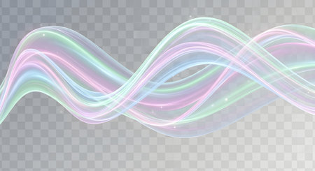 Ethereal, pastel-colored light waves gracefully swirl and intertwine against a transparent, checkered background, creating a sense of movement and magic.の素材