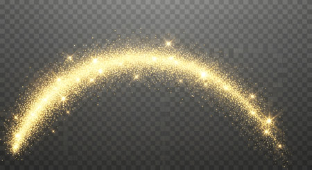 A luminous golden arc of sparkling glitter and light particles trails across a dark, transparent background, creating a magical effect.の素材