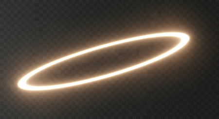 A bright, luminous golden ring with a soft glow, resembling a halo, floats against a dark, subtly textured surface.の素材