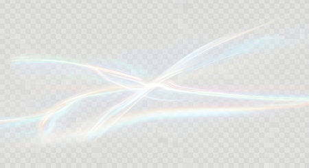 Abstract white light streaks with subtle rainbow hues flow across a transparent grid pattern, creating a sense of ethereal movement.の素材