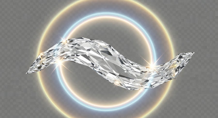 A shimmering, crystalline wave-like form is suspended within a luminous, oval-shaped halo of light against a neutral background.の素材