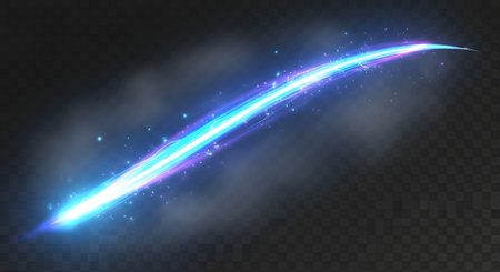 A luminous blue and white light streak arcs across a dark background, leaving a trail of glowing particles and wisps of smoke.の素材