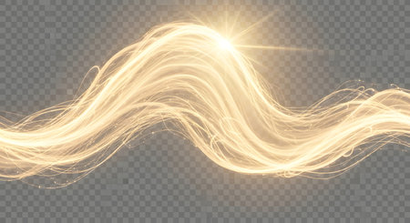 A luminous golden wave of light trails across a transparent background, adorned with shimmering sparkles and a bright glow.の素材