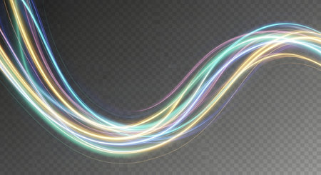 Wavy lines of glowing light in various colors create an abstract, dynamic visual effect against a transparent backdrop.の素材