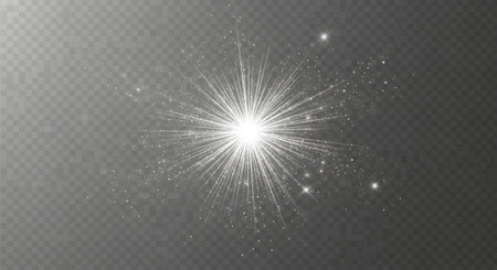 A brilliant white sparkler explodes with light and sparks against a transparent, checkered background.  Tiny particles scatter outwards.の素材