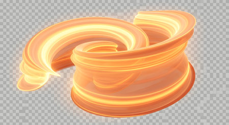 A dynamic, glowing swirl of orange and yellow light with a transparent background, creating a sense of movement and energy.の素材