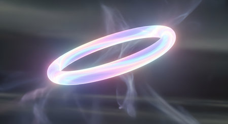 A luminous, iridescent ring floats in a hazy, smoky background, emitting soft pastel light and a sense of gentle energy.の素材