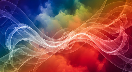 A vibrant abstract image featuring swirling waves of light in a spectrum of rainbow colors, creating a dynamic and ethereal effect.の素材