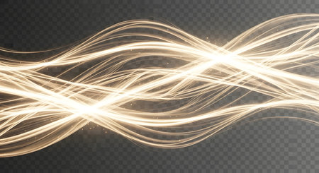 Wavy, luminous golden light streaks create an ethereal, energetic flow against a transparent dark background.の素材