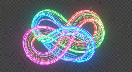 Vibrant neon light trails in multiple colors create an abstract, intertwined, and complex geometric shape against a transparent background.の素材