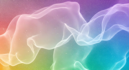Ethereal, translucent swirls of rainbow colors blend and flow against a speckled, dark background, creating a dreamy, abstract effect.の素材
