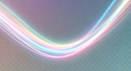 A dynamic abstract background featuring soft, swirling light trails in pastel hues of pink, blue, and green against a muted backdrop.の素材