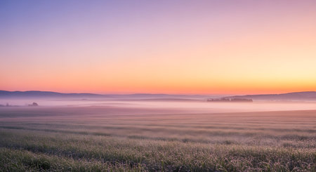 A serene dawn breaks with soft purple and orange hues painting the sky over a misty, cultivated landscape.の素材