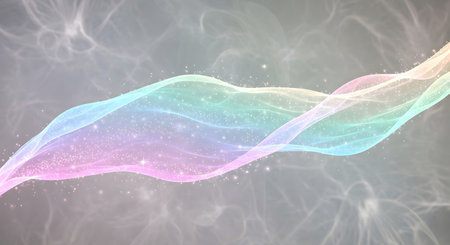 A luminous, wavy band of pastel rainbow colors flows across a soft, ethereal gray background with subtle light particles.の素材