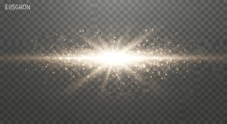 A brilliant golden starburst emanates light and sparkles, set against a dark, transparent background with scattered dust.の素材