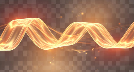 A bright, glowing orange and yellow wavy ribbon of energy with small sparks and a blurred background.の素材