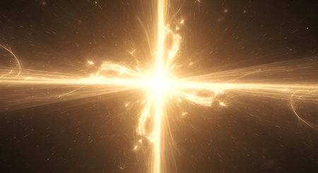A brilliant golden light explodes outwards, creating a dazzling, energetic spectacle with swirling particles and streaks of light against a dark background.の素材