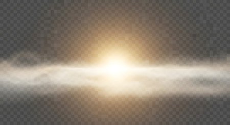 A radiant sun bursts through a hazy atmosphere, creating a soft glow and lens flare effect. Fog or mist adds to the ethereal ambiance.の素材