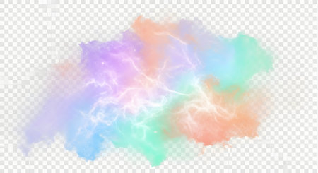 A vibrant, abstract watercolor splash featuring a blend of soft pastel colors like pink, purple, blue, and orange, on a transparent background.の素材