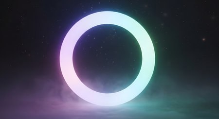 A luminous white ring with subtle purple and teal glows emanates from a dark, smoky background, creating a mystical portal effect.の素材