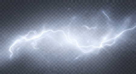 A powerful, bright blue lightning bolt flashes across a dark, cloudy sky, illuminating the atmosphere with its intense energy.の素材