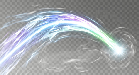 Dynamic, luminous streaks of light in various colors swirl and arc, creating a sense of energy and movement against a transparent backdrop.の素材