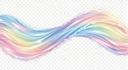 A vibrant, flowing brush stroke in pastel rainbow colors with a subtle glitter effect on a transparent background.の素材