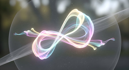 A luminous, abstract butterfly shape is formed by swirling rainbow-colored light trails against a blurred, dark background.の素材