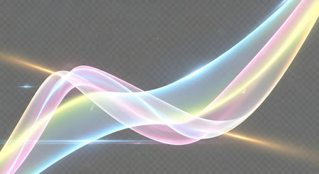 Ethereal, translucent waves of pastel rainbow colors curve and intertwine against a solid gray backdrop, creating a sense of gentle motion.の素材