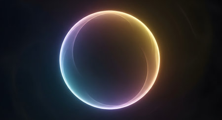 An abstract, glowing oval shape with a soft gradient of rainbow colors against a deep black background.の素材