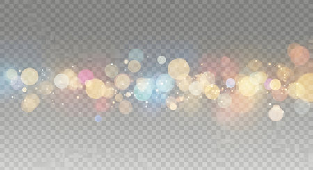 A horizontal band of colorful, out-of-focus bokeh lights with a dreamy, ethereal glow on a transparent background.の素材