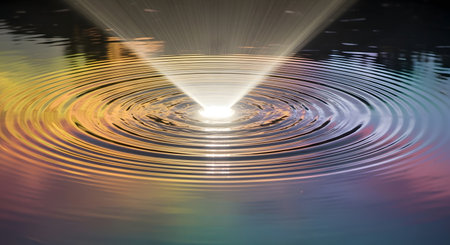 A bright light source creates concentric ripples on the water's surface, reflecting a spectrum of rainbow colors.の素材