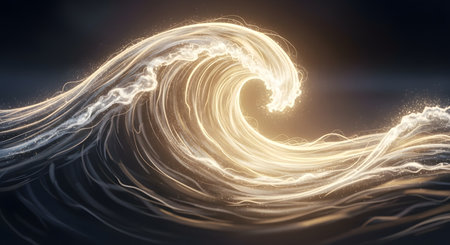 A powerful, glowing wave of light and energy crests and breaks against a dark, abstract background, creating a dynamic and ethereal scene.の素材