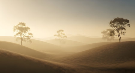 Soft sunlight filters through morning mist, illuminating rolling hills and silhouetted trees in a tranquil landscape.の素材