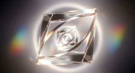 A clear, faceted crystal prism with internal reflections and a halo of rainbow light against a dark, textured background.の素材