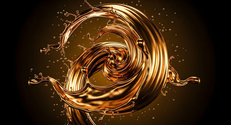 A mesmerizing abstract image of a swirling golden liquid with droplets against a dark, textured background.の素材