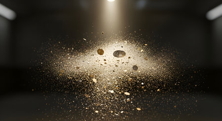 A dramatic spotlight illuminates a cloud of shimmering golden dust particles against a dark, atmospheric background.の素材