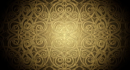 A detailed, repeating golden pattern with a vintage aesthetic, featuring swirling motifs and a central luminous glow.の素材