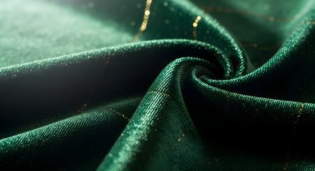 Close-up shot of rich emerald green velvet fabric with subtle golden threads woven throughout, creating a luxurious texture and sheen.の素材