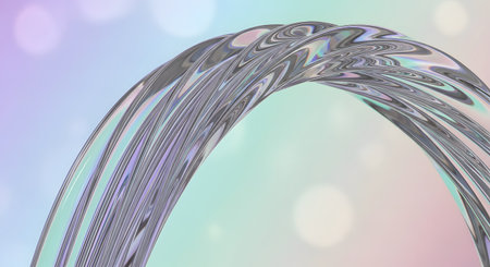 A shimmering metallic arch curves across a soft pastel background with blurred bokeh lights, creating a futuristic and ethereal aesthetic.の素材