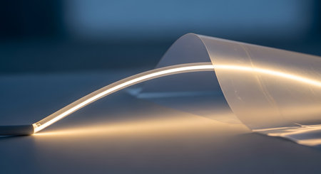 A bright light source is visible at the end of a translucent tube, casting a warm glow onto the surface it rests upon.の素材