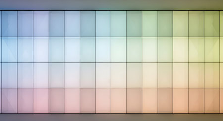 A wall display of numerous paint swatches in a spectrum of soft pastel colors, organized into horizontal rows and vertical columns.の素材