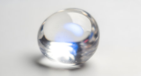 A transparent glass egg shape sits on a white surface, reflecting light and showing subtle rainbow colors within.の素材