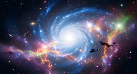 Two small spacecraft navigate through a luminous, colorful spiral galaxy and swirling cosmic clouds, showcasing the vastness of space.の素材